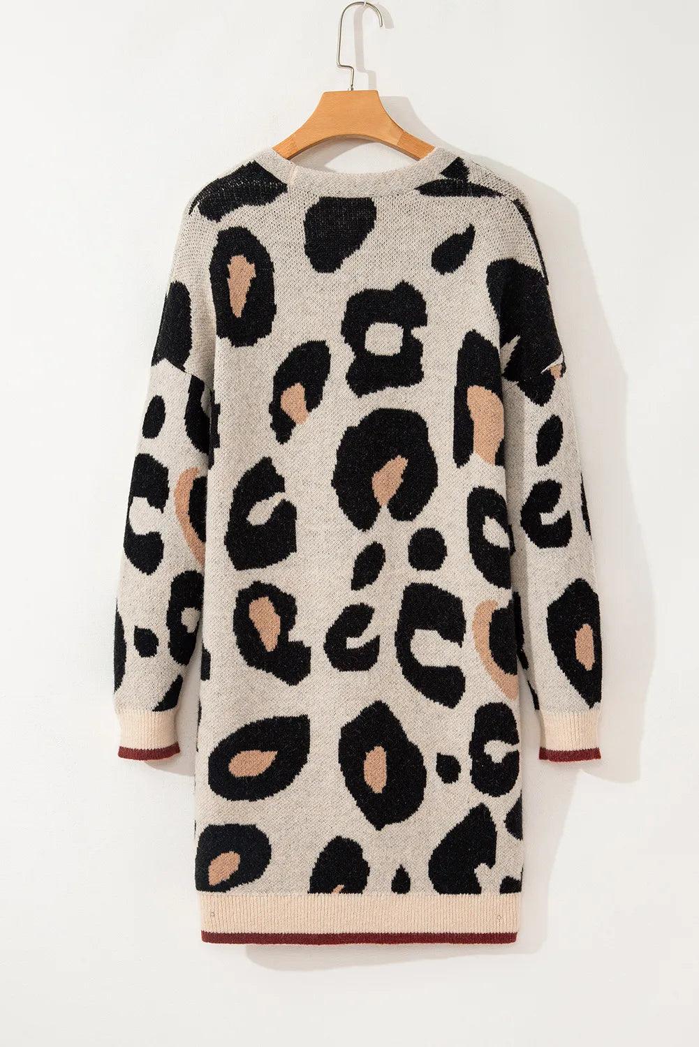 Leopard Cardigan Open Front Long Sleeve Pocketed Outwear