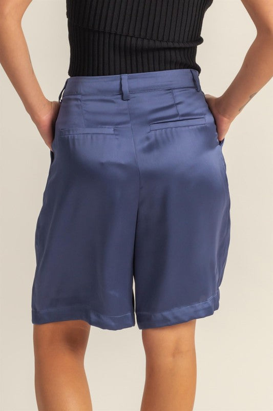 HYFVE Satin Shorts High-Waist Pleated Dusty Blue Ruched with Pockets bbd01e42-9307-4af6-9943-bc3c7e5ff2d1-Max Trendsi