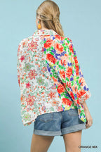 Umgee Womens Shirt Orange Mixed Floral Oversized 3/4 Sleeve Top bbde2cbe-d8d0-47c3-b38c-d2276ce86a45-Max-Origin Trendsi