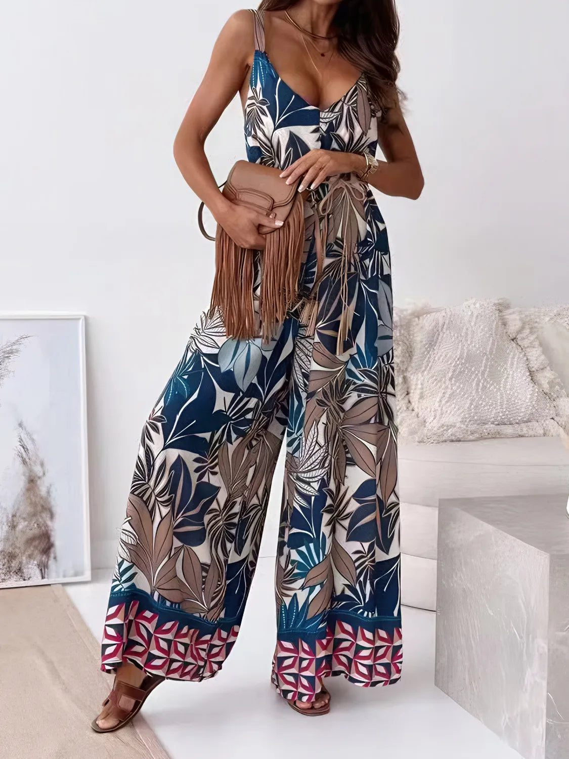 Floral Jumpsuit V-Neck Wide Leg Strappy Blue Mix Printed One Piece French Blue bbe411bb-71f2-423b-988a-77538618d79a-Max-Origin Trendsi