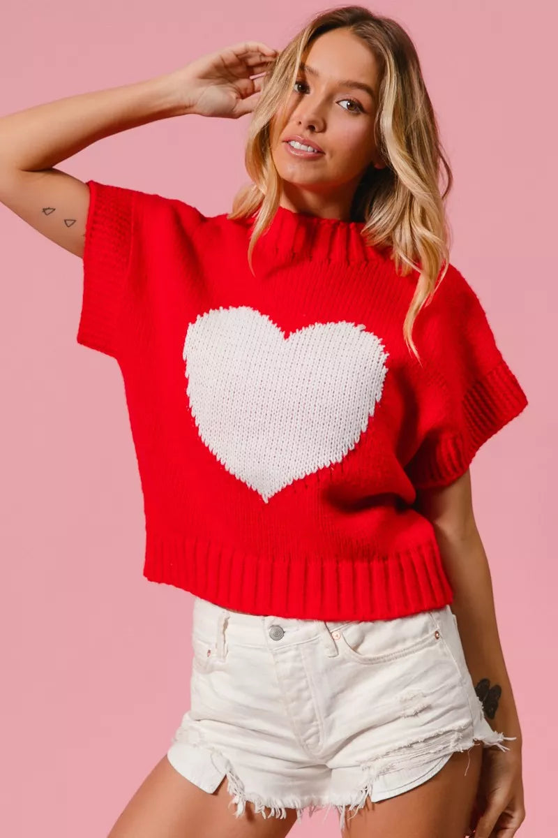 BiBi Valentines Sweater Red Rib Top White Banded Heart Pattern bbeab3a190f2437aa41ecf0a7b7458ce-Max-Origin Trendsi
