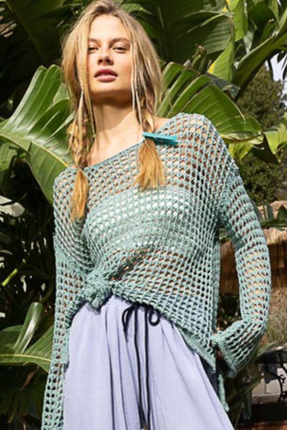 POL Knit Top Openwork Dusky Teal Side Slit Long Sleeve Cover Up bbeaf784-79a0-4b90-87a5-155ebcfea8c7-Max Trendsi