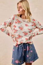BiBi Womens Knit Top Floral Print Washed Waffle Thermal Blouse bbf031f0274847fe8624a1247fd64f35-Max-Origin Trendsi