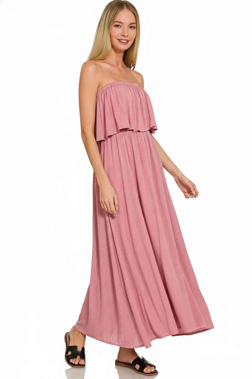 Zenana Woven Crinkle Strapless Maxi Dress
