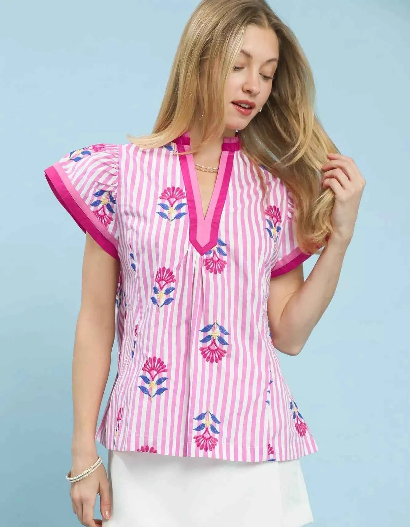 Umgee Blouse Cotton Pink Embroidered Striped Flutter Short Sleeve Top PINK bbfcc9f9-248e-4e4e-b73d-7f23a6418223-Max-Origin Trendsi