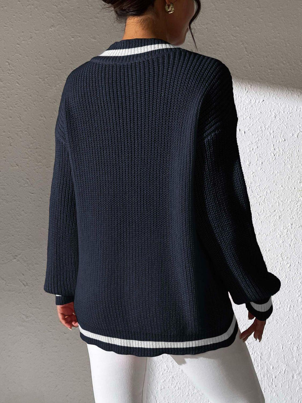 Sweater Knit V-Neck Contrast Stripe Trim Long Sleeve Knitwear bc011dc6-7925-454b-b72a-bce97eced24d-Max Trendsi