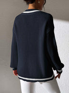 Sweater Knit V-Neck Contrast Stripe Trim Long Sleeve Knitwear bc011dc6-7925-454b-b72a-bce97eced24d-Max Trendsi