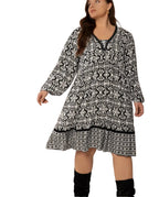 Plus Size Printed Balloon Sleeve Dress with Lace Detail