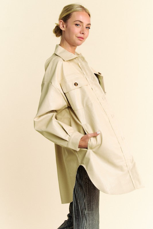 Davi & Dani Jacket Faux Leather Beige Button Up with Chest Pockets