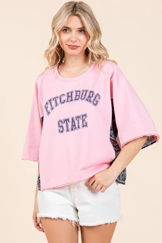 Lime 'N' Chili Fitchburg State Graphic Contrast Half Sleeve Top
