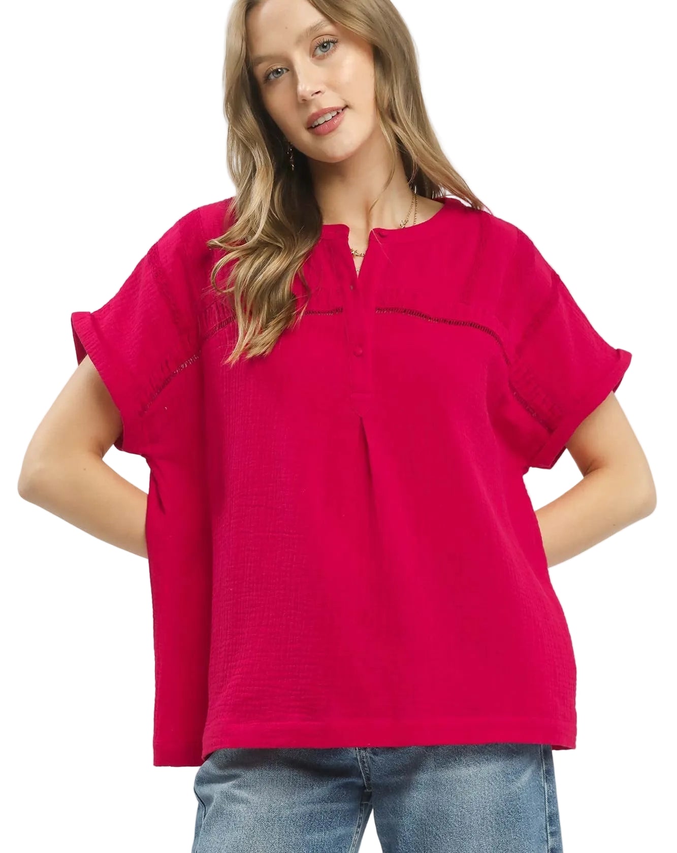 Umgee Textured Gauze Split-Neck Boho Blouse