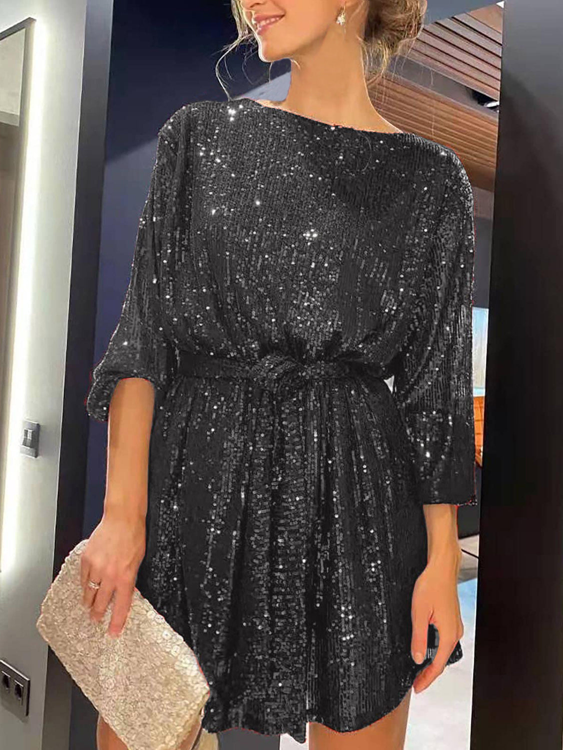 Sequin Mini Dress Tie Waist Long Sleeve Short Women Party Lined Dresses