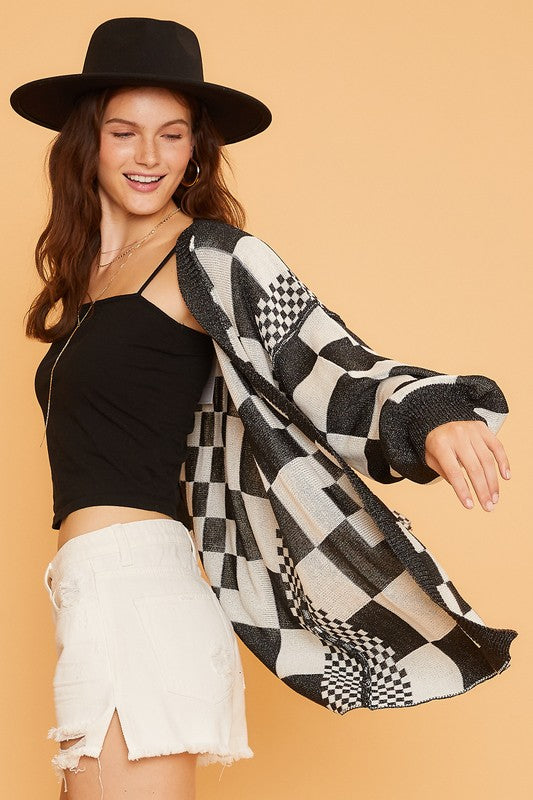 Checkered Cardigan Black Annie Wear Open Front Drop Shoulder Long Sleeve bc2b4df3-bd1d-4fc8-940a-977a98d58954-Max Trendsi