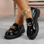 Buckle Decorative Chunky Loafers with Mid Heels in PU Leather and Rubber, Imported