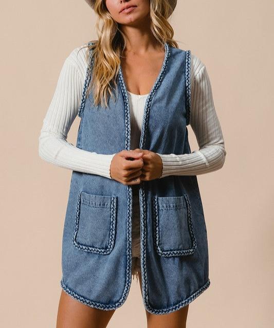 BiBi Denim Women Vest US Stock Braided Trim Open Front with Pockets