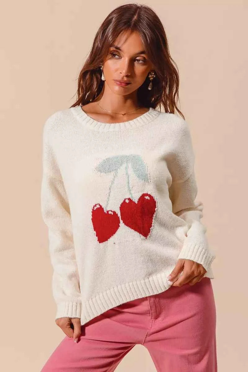 SO ME Valentine Sweater Heart Cherry Ivory Knitted Long Sleeve Top bc4727cbe78847238c121c9781a5e133-Max-Origin Trendsi