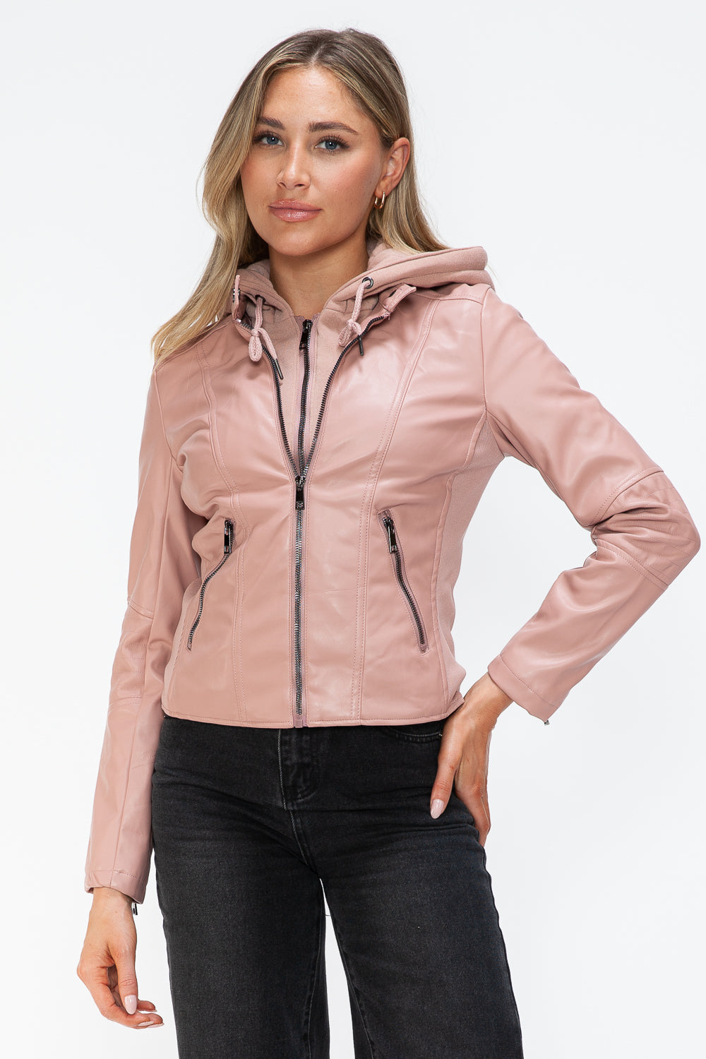 Snobbish Faux Leather Women Jacket Mauve Zip Up Drawstring Hooded