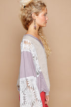 POL Women Blouse Gray Lace Detail V-Neck Flare Long Sleeve Semi-sheer bc4e1763-34a2-489a-a55c-32d70f5a2532-Max Trendsi