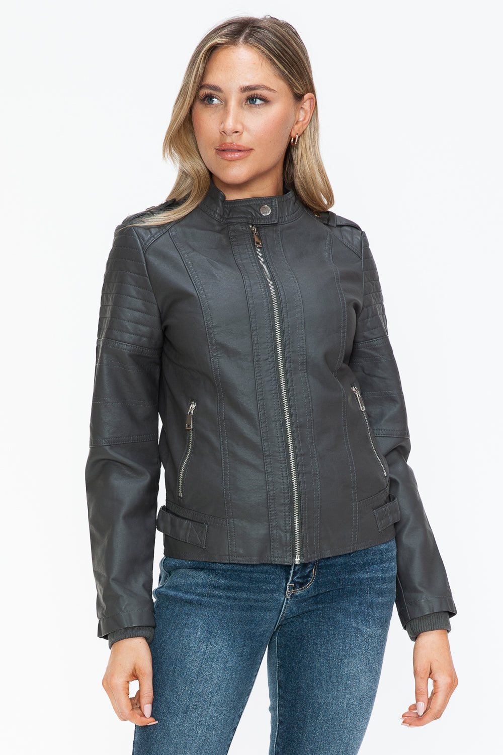 Snobbish PU Leather Biker Jacket Women Black with Side Zip Pockets