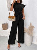 Black Jumpsuit Pearl Detail Ruffled Cap Sleeve Bow Tied Belted One-piece bc51d6bed12c482a992310bb7f9fb01e-Max-Origin Trendsi