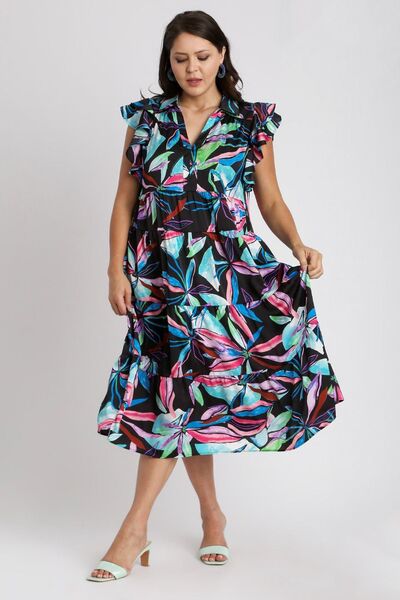Umgee Ruffle Dress Leaf Black Colorful Print Double Layered Short Sleeve bc646760-28c0-4dcb-9ff1-e220c1df5f6f-Min Trendsi