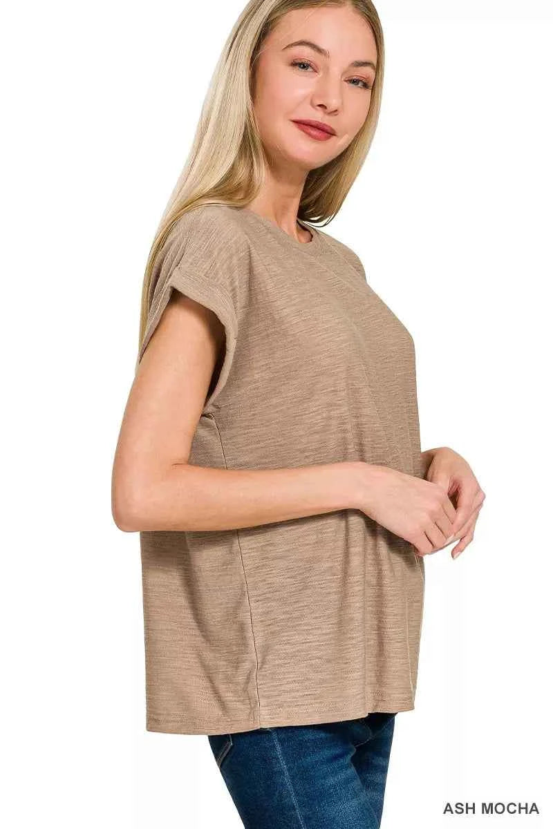 Zenana Women T-shirt Ash Mocha Slub Cuffed Short Sleeve Top Tee bc67547d52b44e488be131e66d62601a-Max-Origin Trendsi