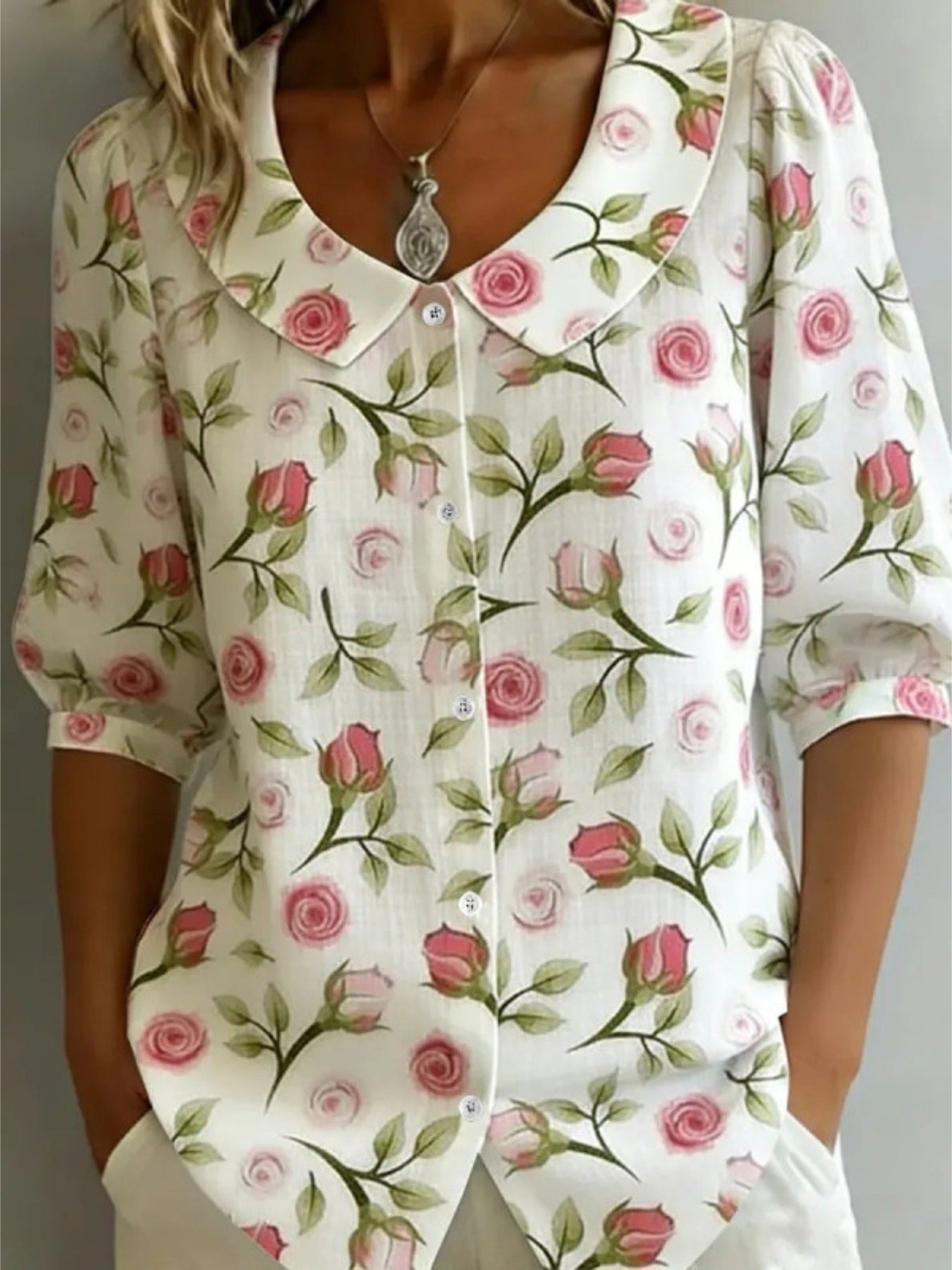 Floral Print Shirt with Peter Pan Collar