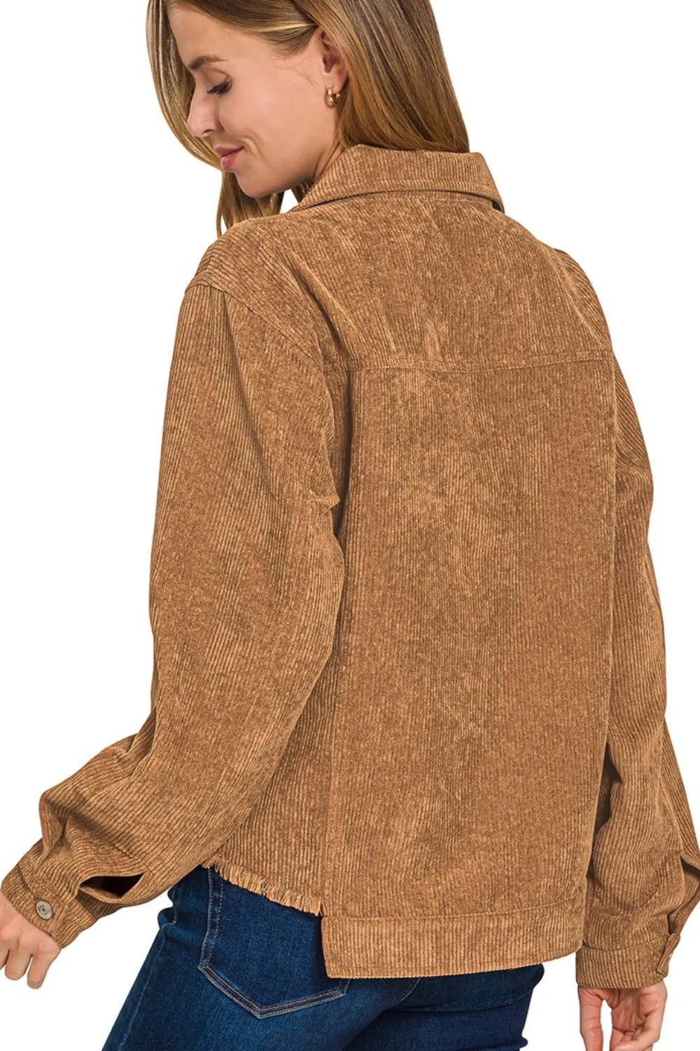 Zenana Corduroy Cropped Jacket Distressed Frayed Hem Long Sleeve bc6fb840-30ab-47c4-85f7-cf752712394f-Max-Origin Trendsi