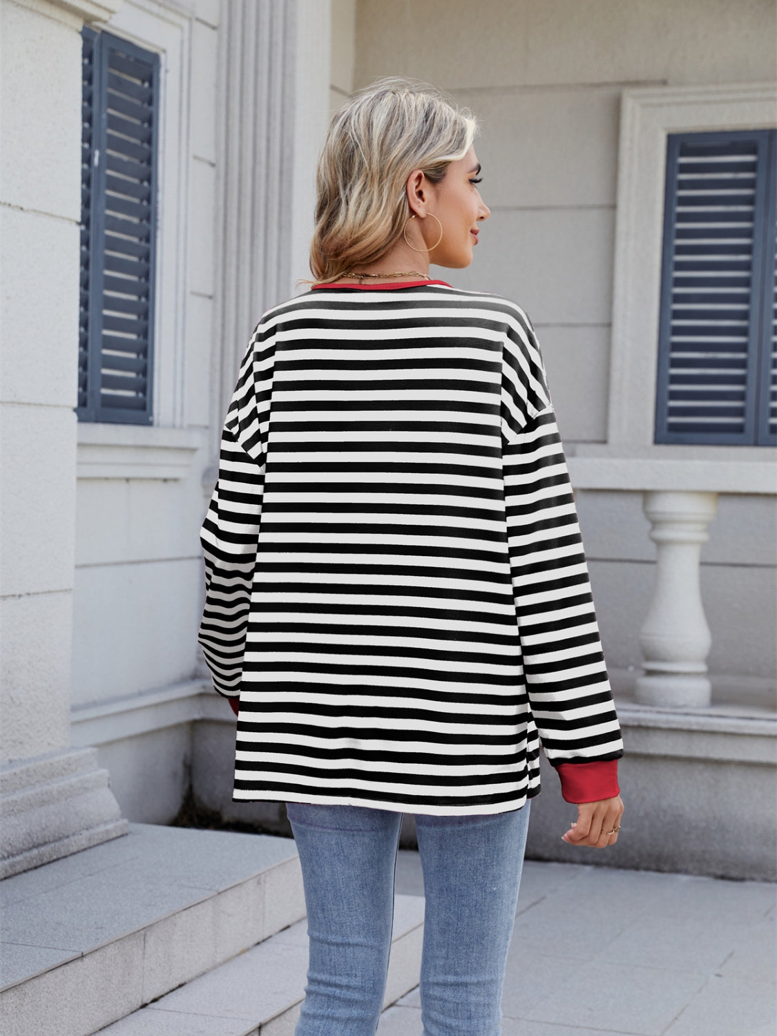 Striped T-Shirt Lace-Up Crisscross V Neck Long Sleeve Blouse Top bc70114e-d624-407d-b460-61b23d819b3b-Max Trendsi