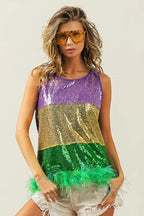 BiBi Sequin Top Mardi Gras Color Block Faux Feather Hem Sleeveless bc70154843c94fdaac245606d8e0ae44-Max-Origin Trendsi