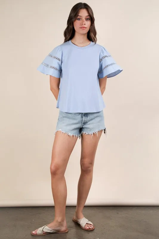 VERY J Top Ruffle Short Sleeve Lace Trim Sky Blue Blouse bc705479d93f4295a4bfb19fd700caf2-Max-Origin Trendsi
