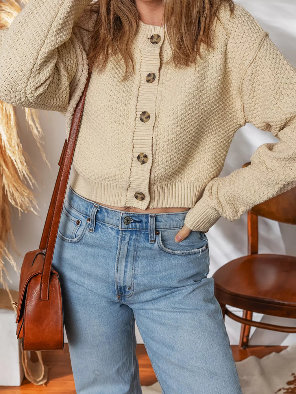 Womens Cardigan Beige Knit Button Front Cropped Long Sleeve bc70a0e1f4c04233a69d2adc1d644279-Max-Origin Trendsi