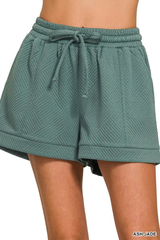 Zenana Shorts Textured Knit Jacquard Drawstring Pocketed Ash Jade ASH JADE bc77d2f45d2c486d87eb82c971538a71-Max-Origin Trendsi