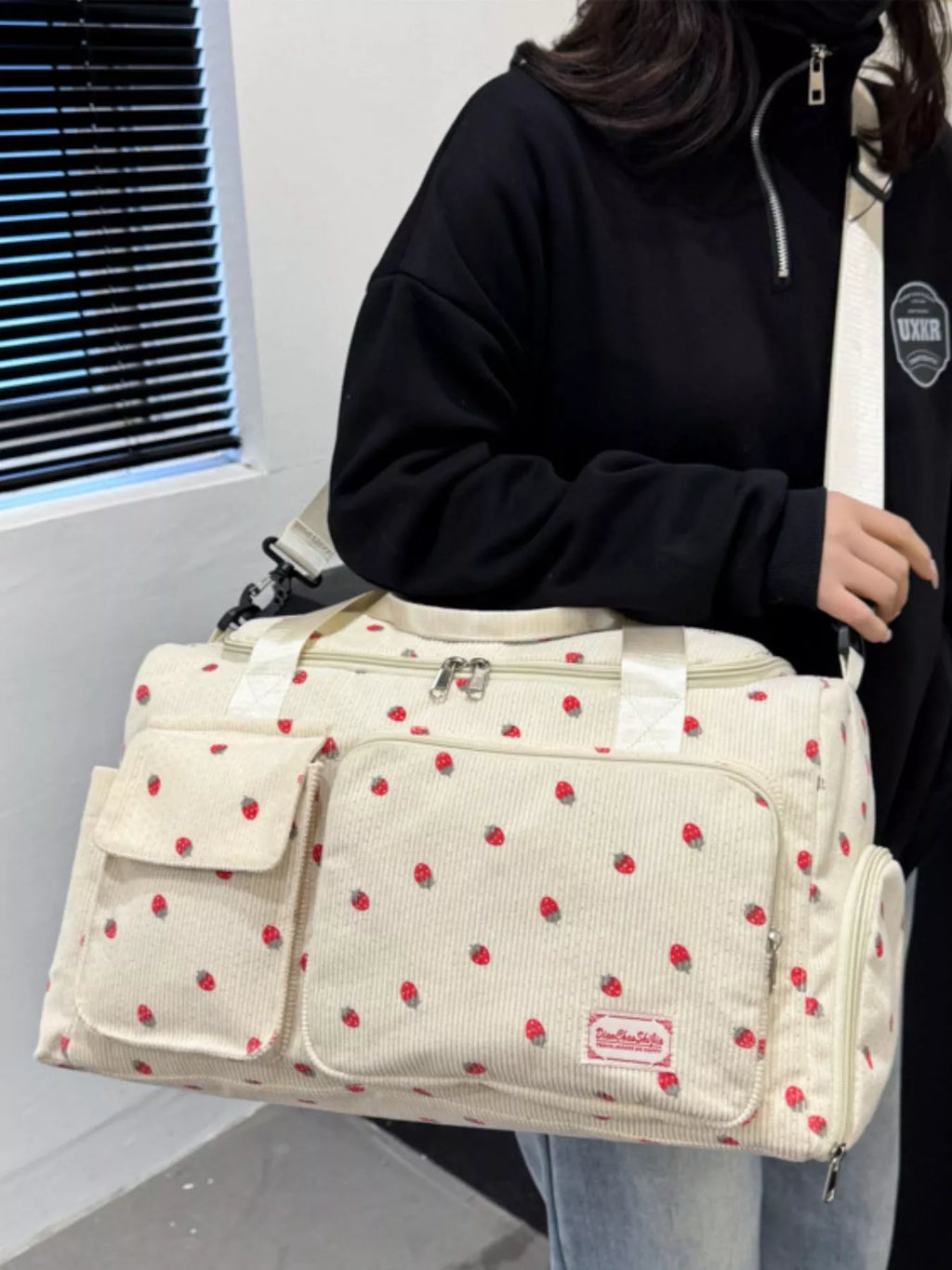 Travel Bag Large Corduroy Strawberry Print Handbag bc7c9ea7-81d0-4eb9-a4f3-f775be223df0-Max-Origin Trendsi