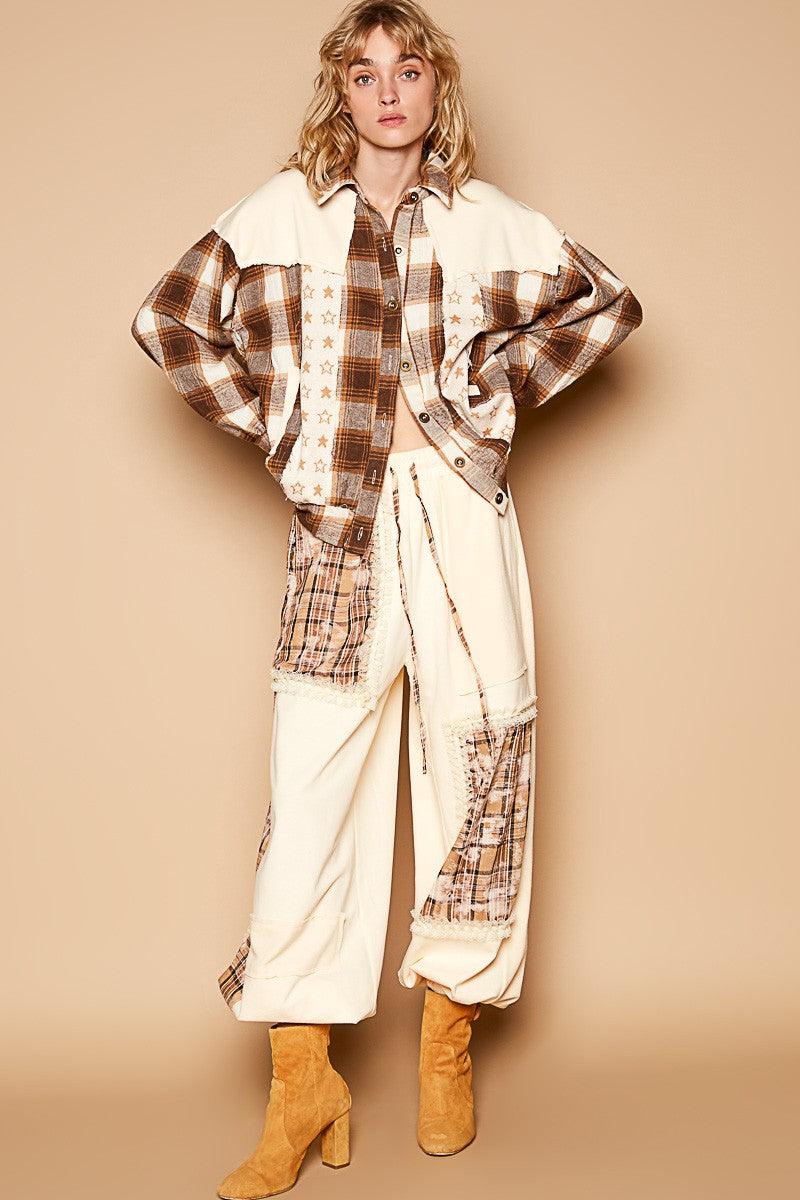 POL Plaid & Star Patchwork Jacket Women Contrast Long Sleeve Shacket bc83b2da-ea8e-4cdc-a619-729b2dacd0fc-Max Trendsi