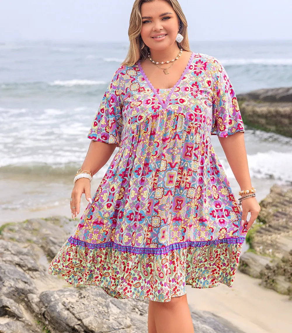 Plus Size Printed Dress with Lace Detail and Half Sleeves