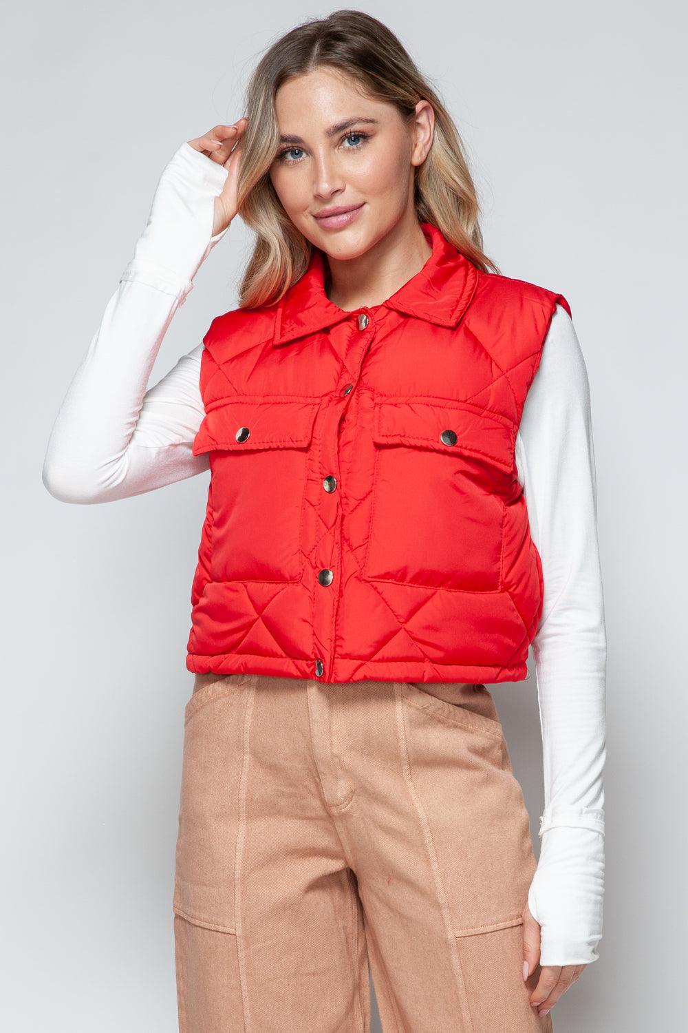 Crop Vest Snobbish Snap Down Quilted Sleeveless Waistcoat Red bc8f81f9-121b-492d-9d93-65073024bc87-Max Trendsi