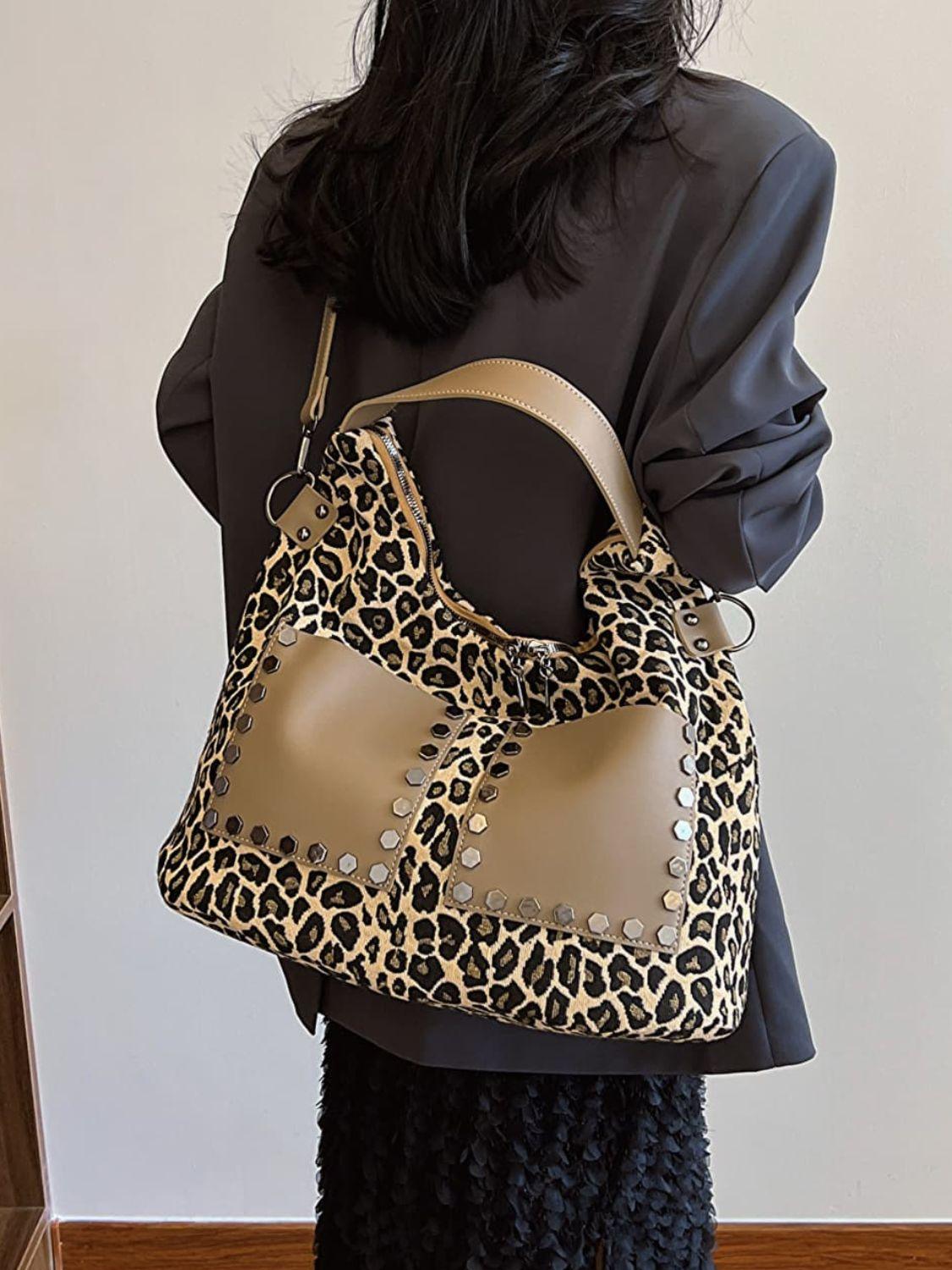 Leopard Polyester Large Shoulder Bag with Stud Beaded Leather Pockets