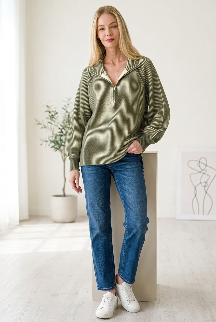 Zenana Women's Dark Olive Two-Tone Ribbed Half-Zip Sweater