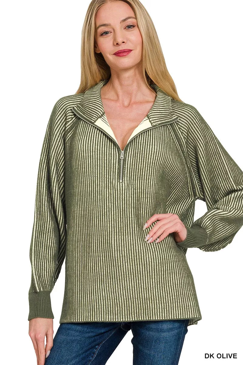 Zenana Womens Sweater Dark Olive Ribbed Two Tone Half Zip bc9d1f5fc5654a8cb5e737d66783ab4e-Max-Origin Trendsi