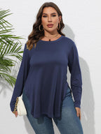 Plus Size Round Neck Long Sleeve T-Shirt with Side Slits