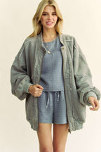 Davi & Dani USA Denim Women Gray Jacket Exposed Seam Zip Up Waffle-Knit bca61cc9-9904-4f93-a36c-7cf847b74763-Max Trendsi