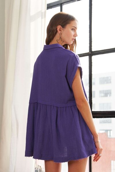ADORA Shirt Raw Hem Collared Neck Button Down Short Sleeve Violet Top bca68c23-724d-4866-a90f-0ff16752bd38-Min Trendsi