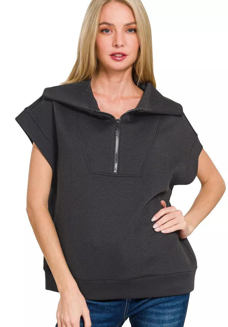 Zenana Womens Blouse Black Scuba Half Zip Top Short Sleeve BLACK bcc19f3184a14add8d9560aa51d69d7e-Max-Origin Trendsi