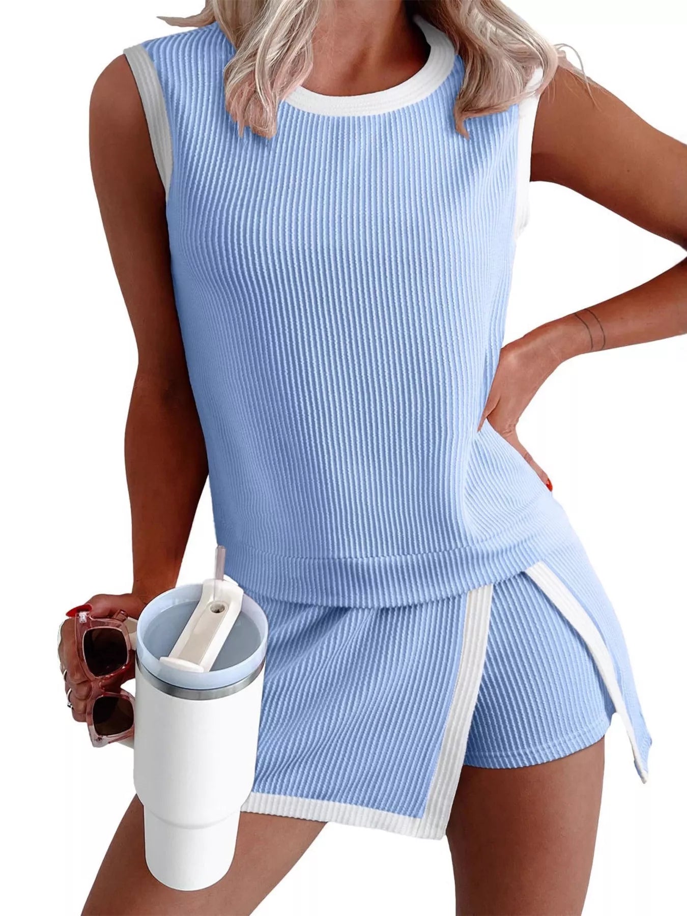 Ribbed Knit Sleeveless Top and Skort Two-Piece Set