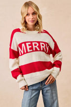 BiBi Christmas Women's Sweater Ivory Red Stripe Merry Lettering Oversized bcd8b91ce6f14a29af88fc69505620eb-Max-Origin Trendsi