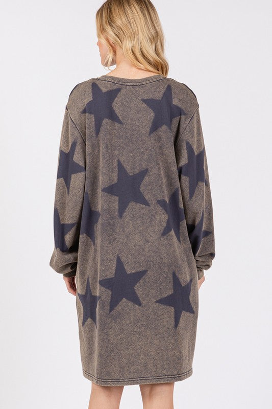 SAGE+FIG USA Dress Washed Star Print 100% cotton Round Neck Long Sleeve