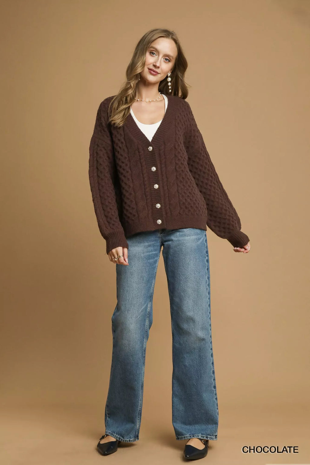 Umgee Womens Cardigan Brown Cable Knit Pearl Button Sweater bd11477d-69f6-4c2d-acdd-16099a083bf4-Max-Origin Trendsi