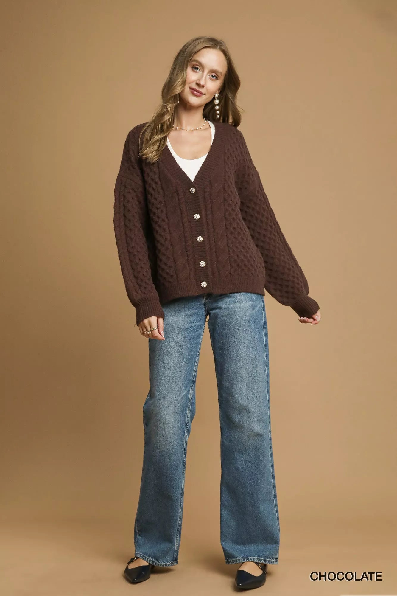 Umgee Womens Cardigan Brown Cable Knit Pearl Button Sweater bd11477d-69f6-4c2d-acdd-16099a083bf4-Max-Origin Trendsi