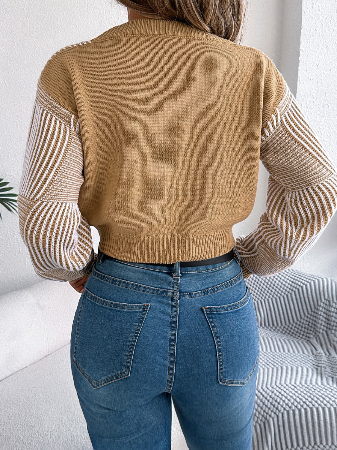 Striped Cropped Women Sweater V-Neck Long Sleeve Soft Knit Pullover